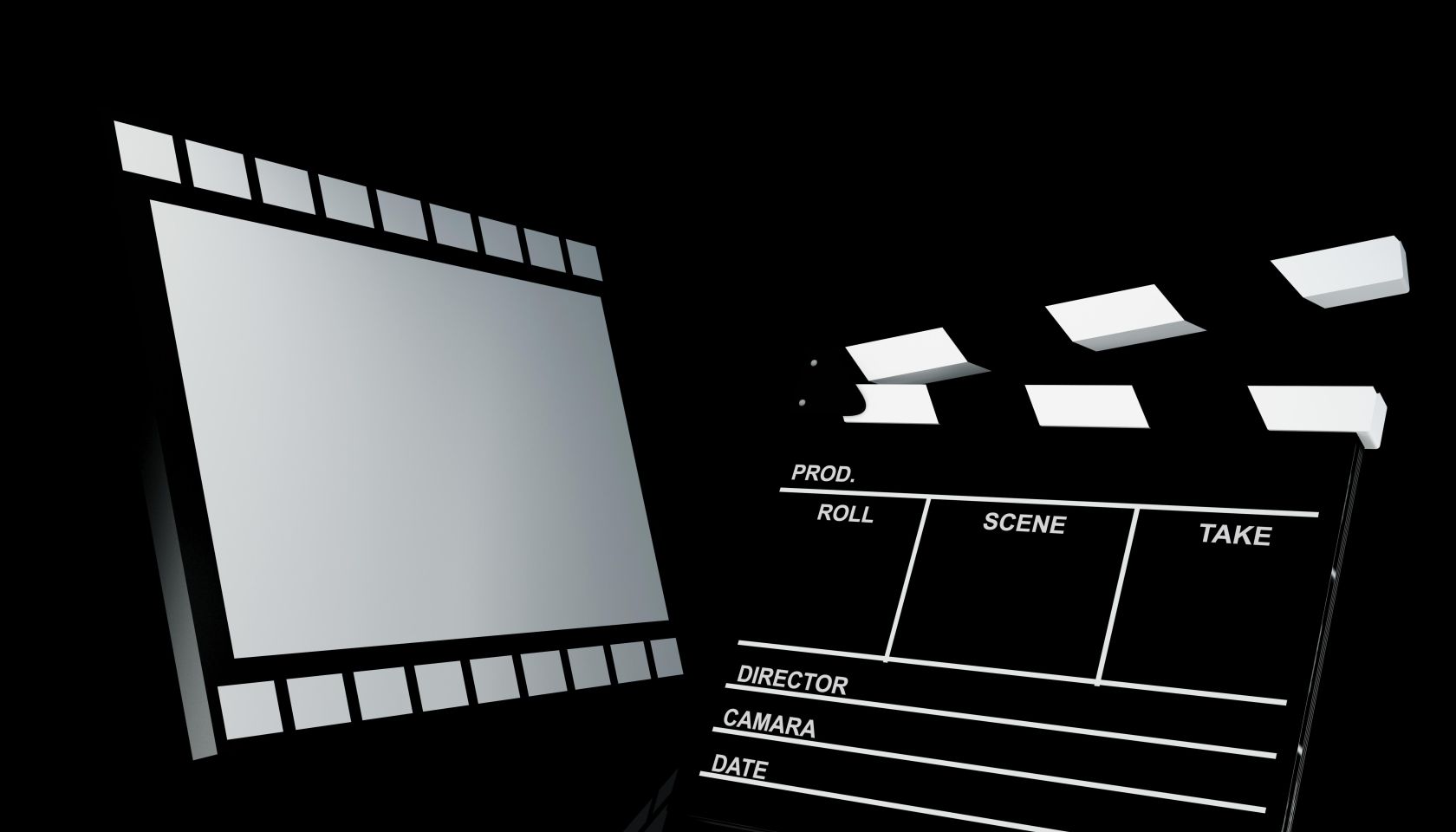Clapper board and film, 3d illustration. Cinema concept.