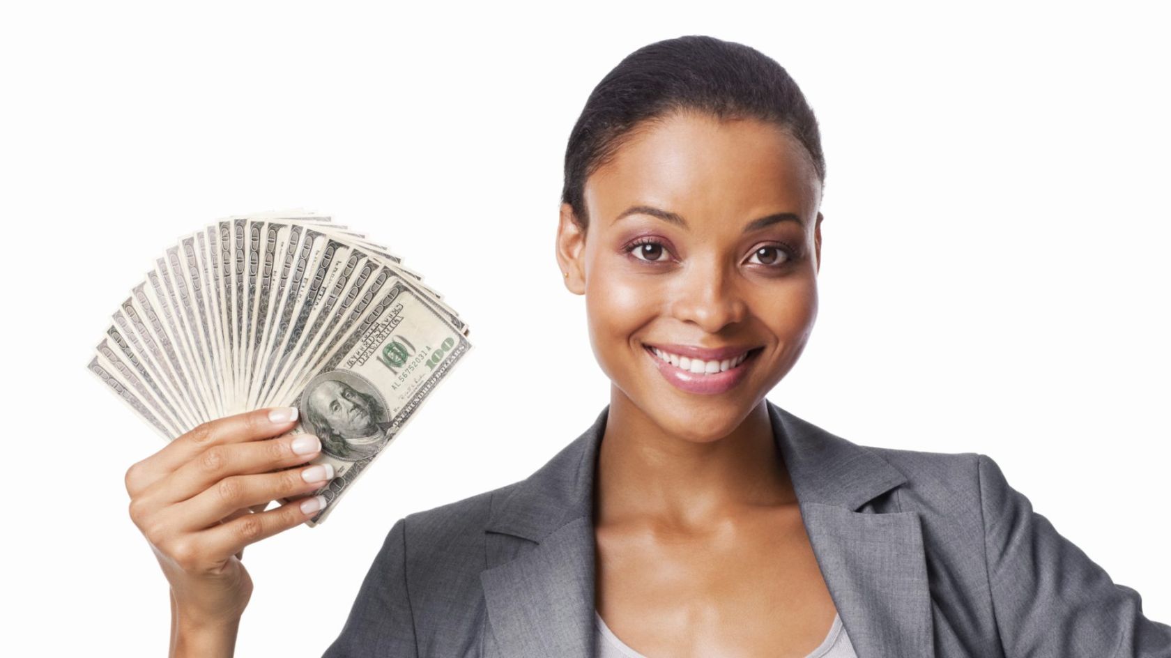 Woman Holding American Currency - Isolated
