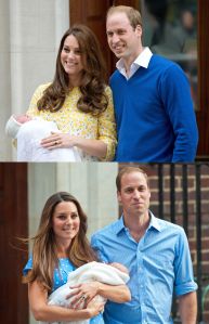 A comparison picture showing Kate Middleton & Prince William outside of the London hospital with their newborns