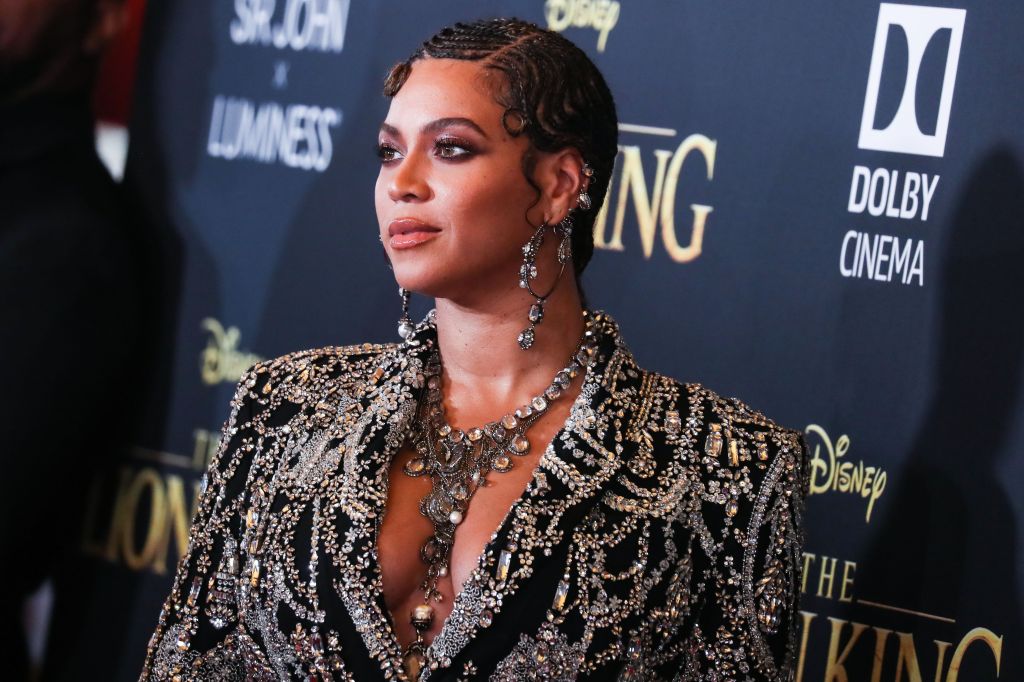 Singer Beyonce Knowles Carter wearing an outfit by Alexander McQueen and Lorraine Schwartz jewelry arrives at the World Premiere Of Disney's 'The Lion King' held at the Dolby Theatre on July 9, 2019 in Hollywood, Los Angeles, California, United States. (P