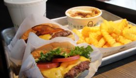 ( Boston, MA 030215) Shack Burger, front left, , Smoke Shack, back left, Fries, front right, and Newbury, back right, are seen in the Shake Shack new shop on Newbury Street in Boston, Monday, March 2, 2015. Staff Photo by Chitose Suzuki