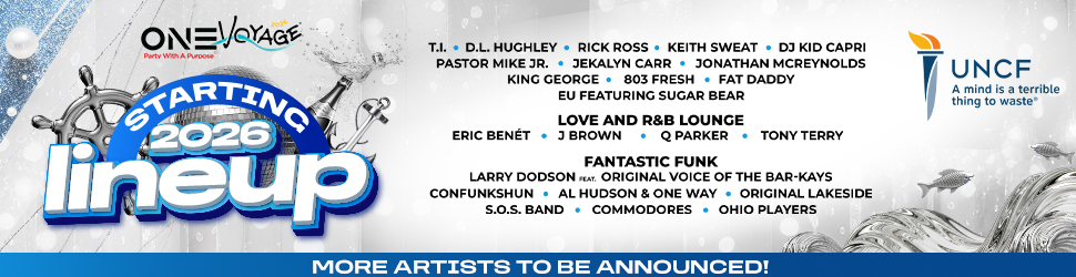 One Voyage 2026 lineup poster featuring musical artists T.I., D.L. Hughley, Rick Ross, Keith Sweat, DJ Kid Capri, and others.