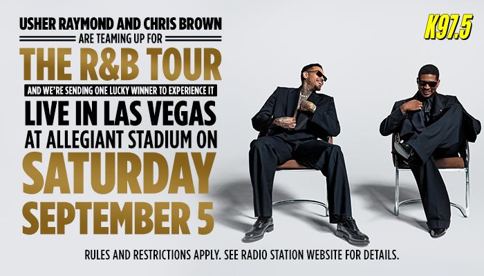 Usher Raymond and Chris Brown seated together, promoting their R&B tour with a chance to win a trip to see them perform live in Las Vegas on September 5.