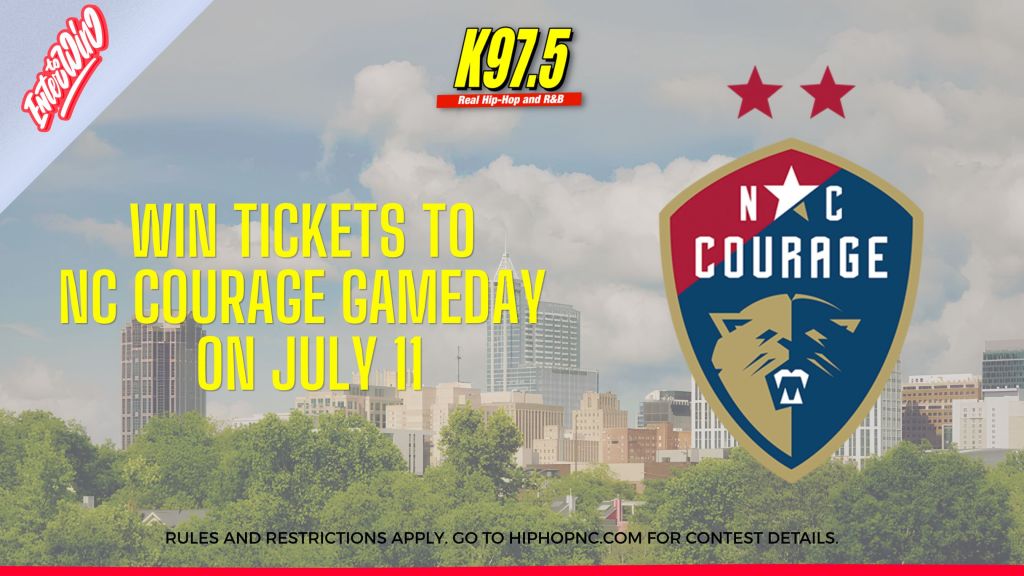 K97.5 radio station logo and text promoting a contest to win tickets to an NC Courage soccer game on July 11, with a cityscape in the background.