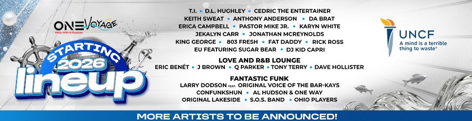 One Voyage music festival lineup poster featuring artists like T.I., D.L. Hughley, Cedric the Entertainer, and UNCF logo.