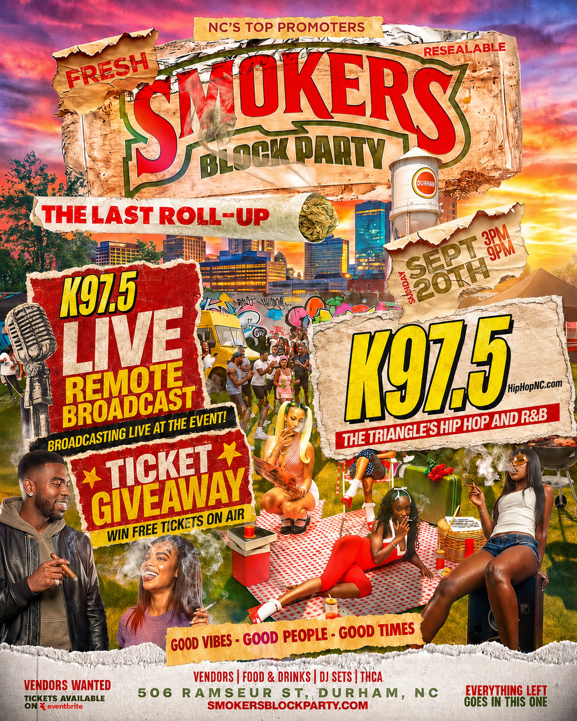A colorful promotional poster for a "Smokers Block Party" event, featuring a cityscape, crowd of people, and various text including "NC's Top Promoters", "The Last Roll-Up", and "K97.5 Live Remote Broadcast".