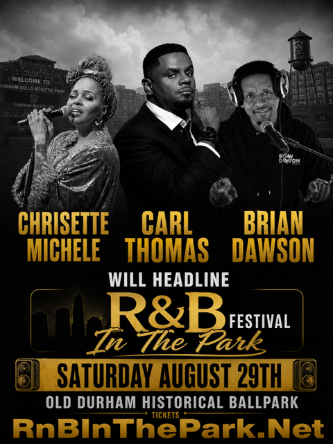 Three African American musicians performing on a stage, with the text "CHRISETTE MICHELE", "CARL THOMAS", and "BRIAN DAWSON" displayed above them, and the text "R&B FESTIVAL IN THE PARK" and "SATURDAY AUGUST 29TH" displayed below.