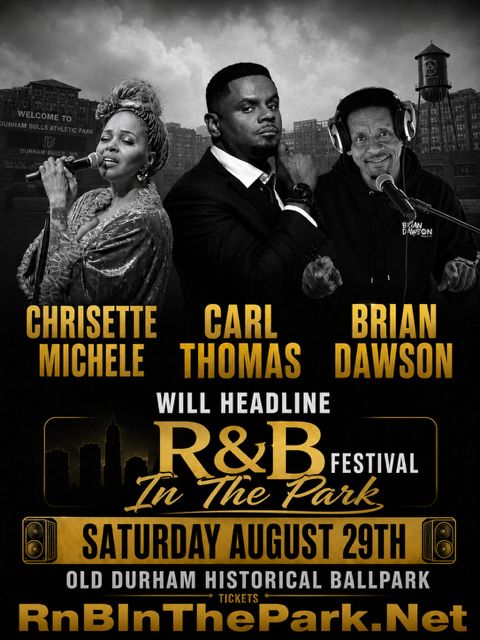 Three African American musicians performing on a stage, with the text "CHRISETTE MICHELE", "CARL THOMAS", and "BRIAN DAWSON" displayed above them, and the text "R&B FESTIVAL IN THE PARK" and "SATURDAY AUGUST 29TH" displayed below.