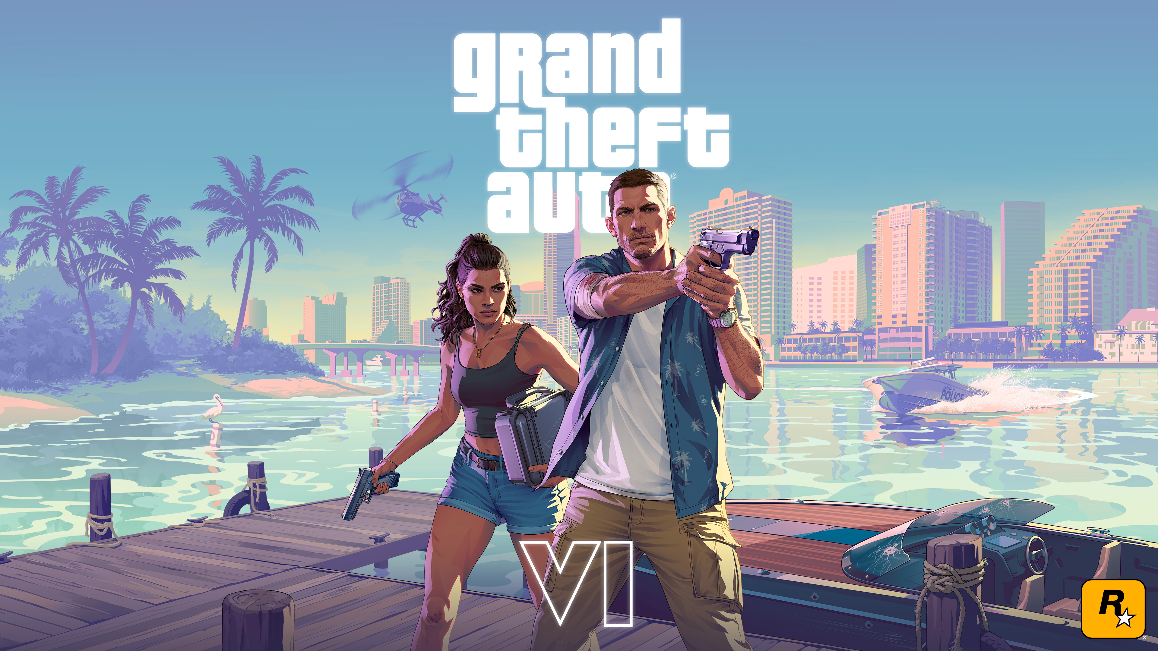Two people holding guns on a dock with palm trees and a city skyline in the background, with the "Grand Theft Auto VI" logo displayed.