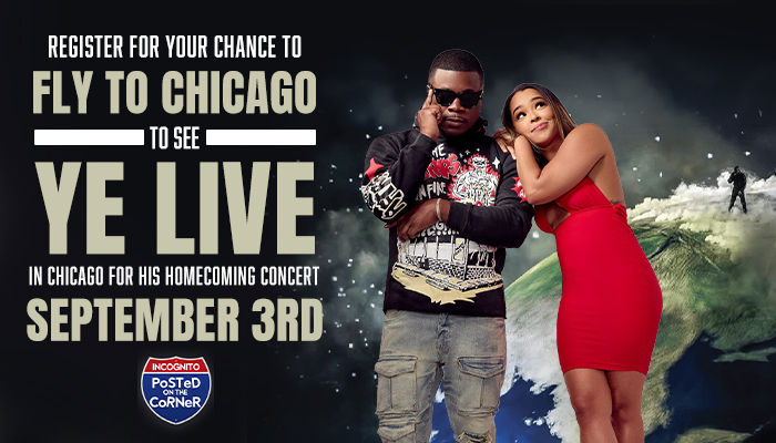 Two people, a man and a woman, standing together in a snowy outdoor setting. The text on the image reads "REGISTER FOR YOUR CHANCE TO FLY TO CHICAGO TO SEE YE LIVE IN CHICAGO FOR HIS HOMECOMING CONCERT SEPTEMBER 3RD".