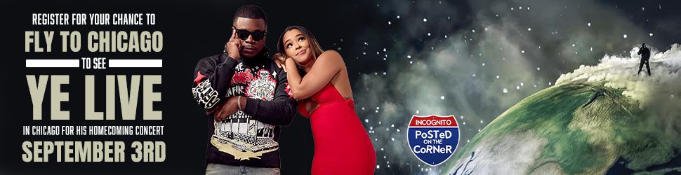 A man and woman in formal attire standing in front of a snowy landscape. Text reads "REGISTER FOR YOUR CHANCE TO FLY TO CHICAGO TO SEE YE LIVE IN CHICAGO FOR HIS HOMECOMING CONCERT SEPTEMBER 3RD".