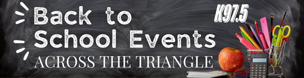 Back to School Events across the Triangle. Chalkboard background with text, school supplies, and an apple.