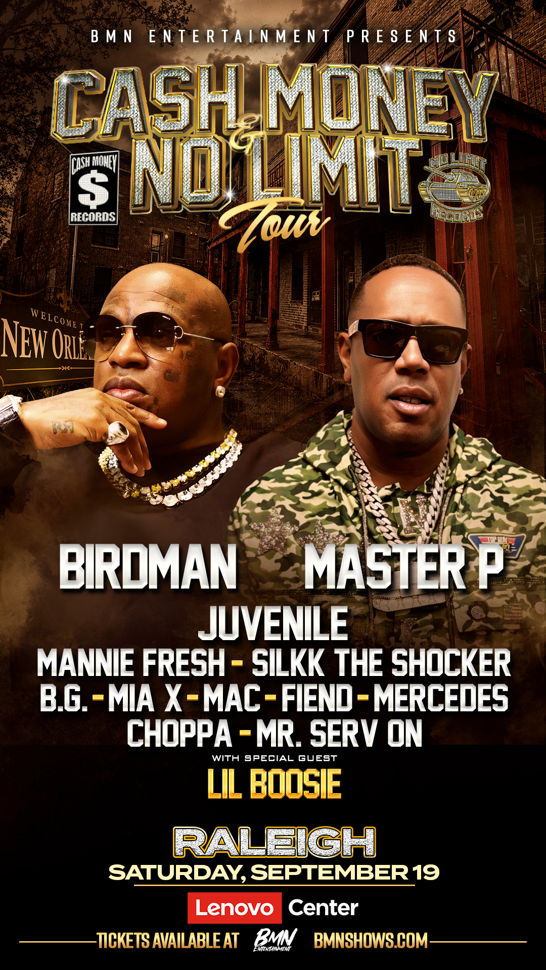 Cash Money No Limit Tour poster featuring Birdman, Master P, Juvenile, and other artists performing at the Lenovo Center in Raleigh on September 19.