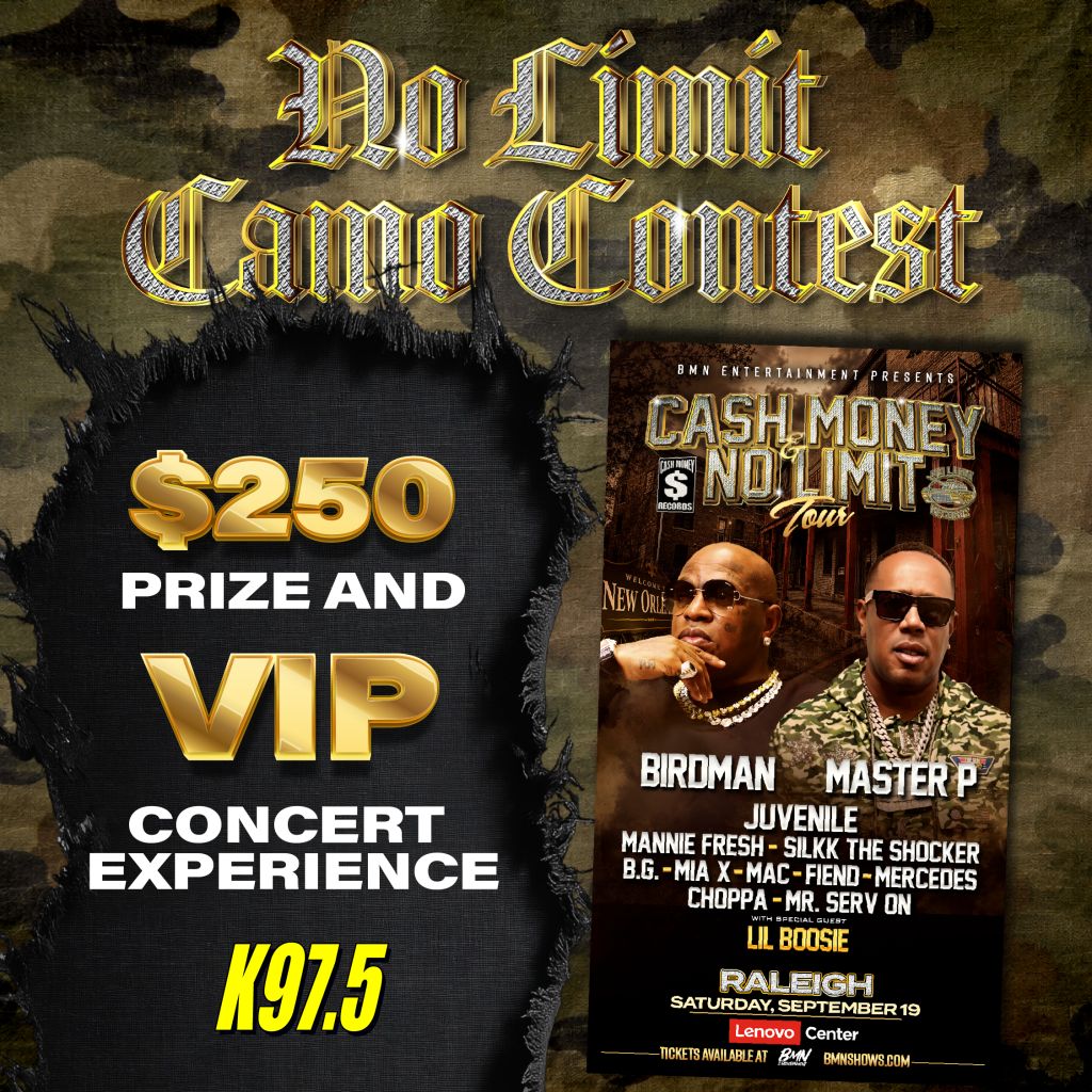 Promotional poster for a "Cash Money No Limit Tour" featuring musical artists Birdman, Master P, Juvenile, and others. The poster prominently displays a $250 prize and VIP concert experience.