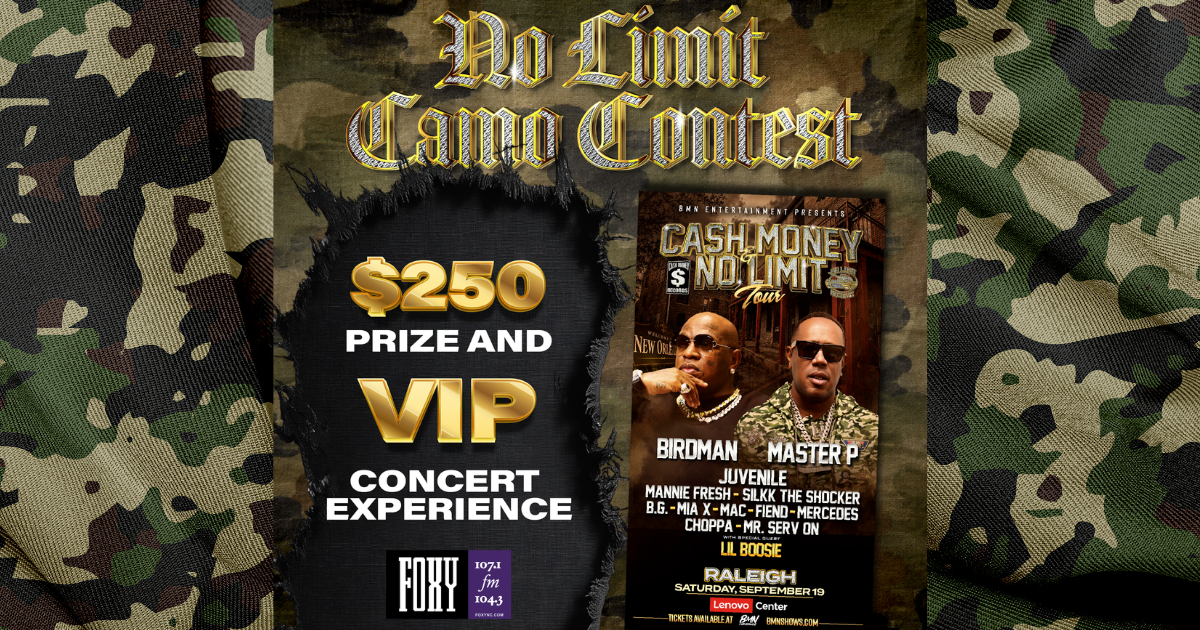 No Limit Camo Contest poster featuring Cash Money No Limits Tour with Birdman, Master P, Juvenile, and other artists, with $250 prize and VIP concert experience.