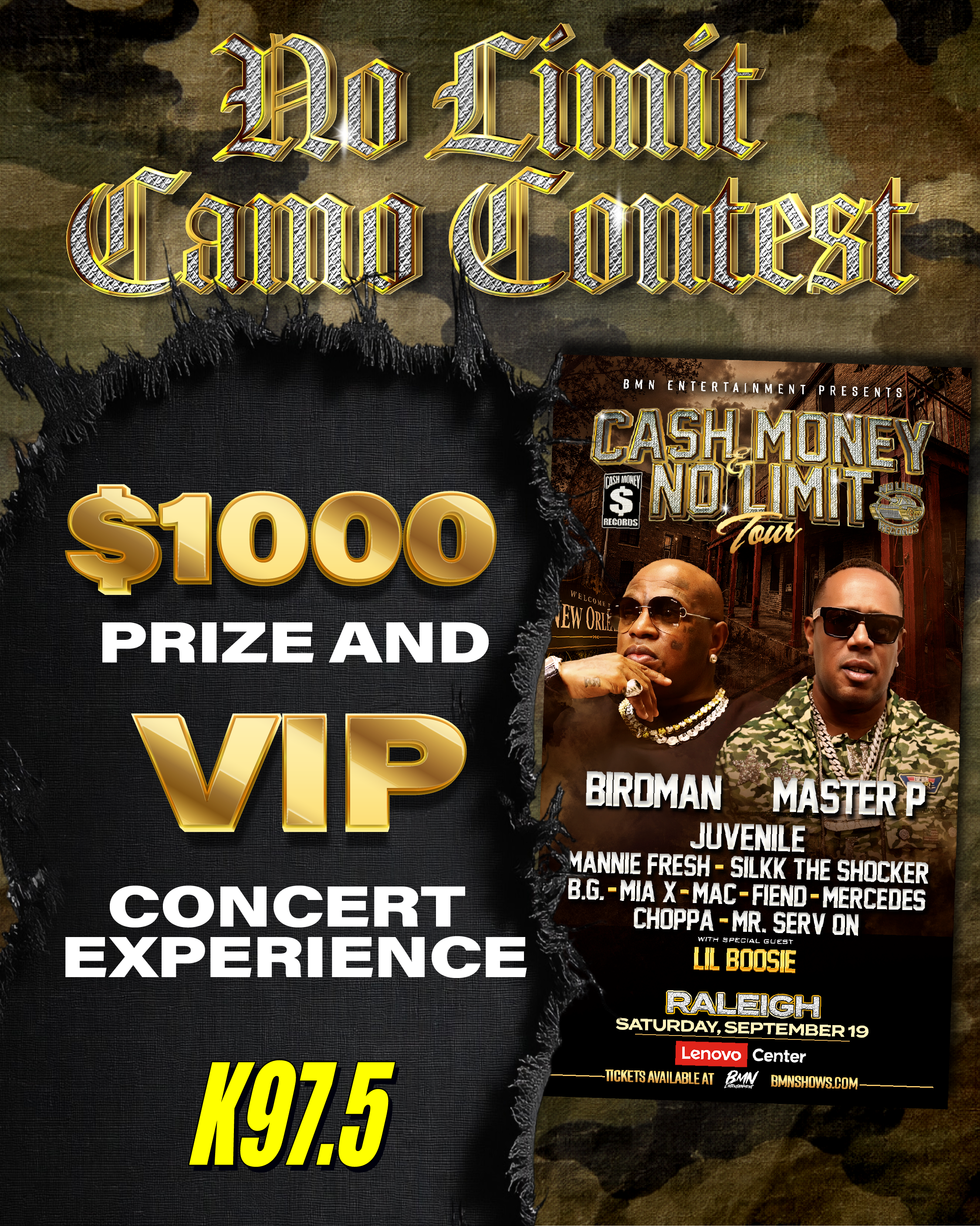 Promotional poster for a "Cash Money No Limit Tour" featuring Birdman, Master P, and other artists. The poster displays the tour details, a $1000 prize and VIP concert experience, and the radio station X97.5.