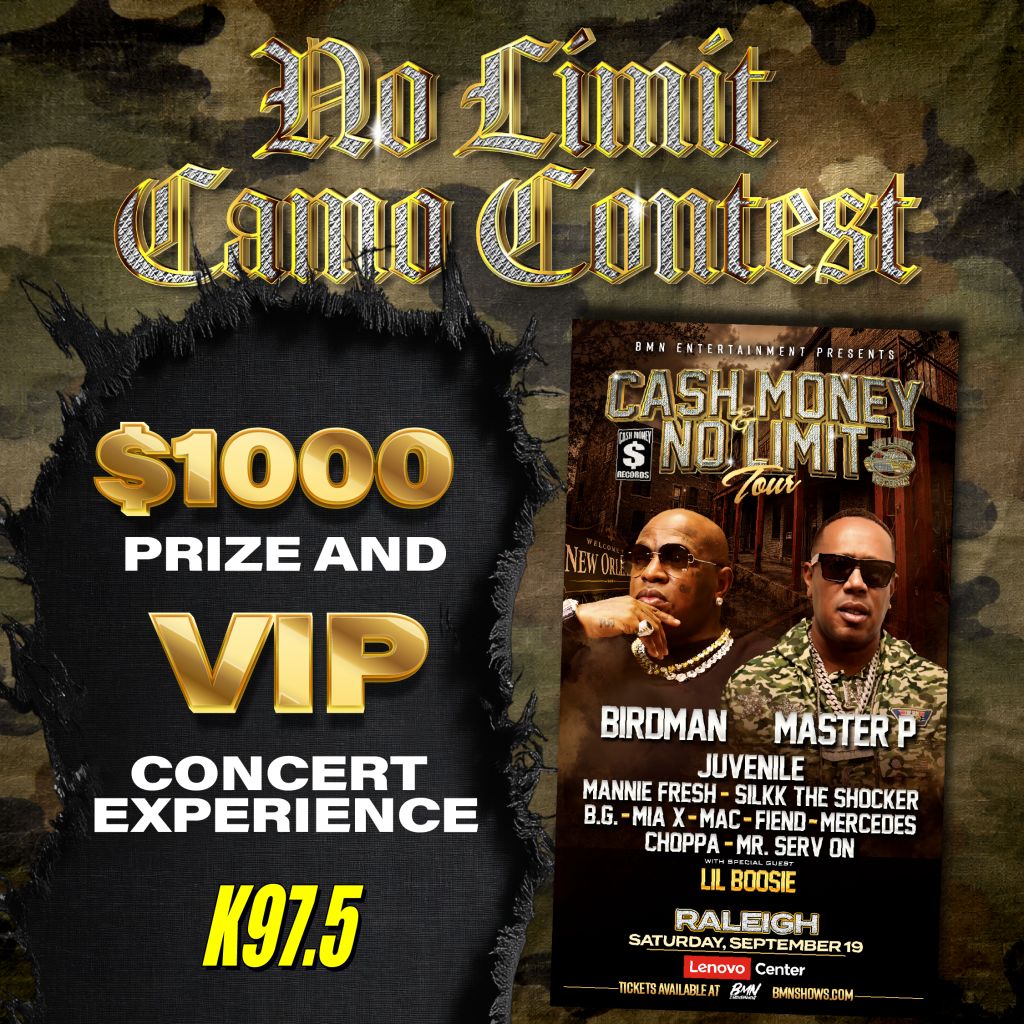 Poster for "No Limit Camo Contest" event featuring Birdman, Master P, Juvenile, and other artists. $1000 prize and VIP concert experience on X97.5.