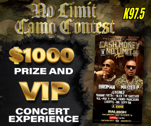 No Limit Camo Contest $1000 prize and VIP concert experience poster featuring two men in sunglasses.